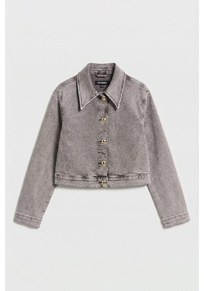 it's basic Kadın Gri 3s6-158 Crop Fit Esnek Kumaş Düğmeli Denim Ceket