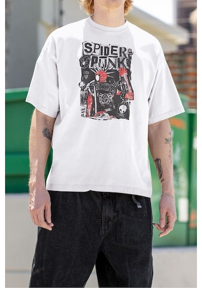 Spider Punk Tasarım Baskılı Unisex Oversize Tişört Beyaz