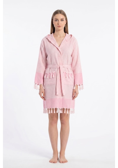 Kapşonlu Unisex Peştemal Plaj Bornozu %100 Pamuklu Seaside Stripe Pembe