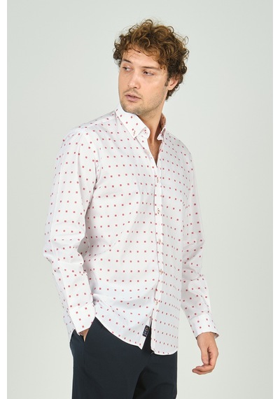 De Leone Erkek Slim Fit Uzun Kollu Desenli %100 Pamuk Gömlek 2043 Kırmızı Kırmızı