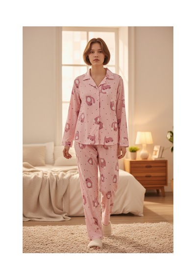 Feg Store Kedi Baskılı Düğmeli Süet Soft Dokulu Uzun Kollu Kışlık Pijama Takımı Pembe