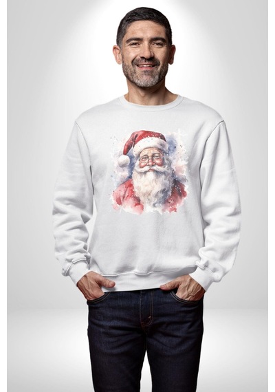 Mutlu Noel Baba Yeni Yıl Tasarımı Unisex Beyaz Baskılı Sweatshirt Beyaz