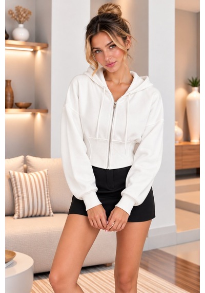 Lima Beyaz Kadın Kapüşonlu Fermuarlı Crop Sweatshirt Beli Korse Detaylı Uzun Kollu Oversize Sweat Lima Beyaz Kadın Kapüşonlu Fermuarlı Crop Sweatshirt Beli Korse Detaylı Uzun Kollu Oversize Sweat