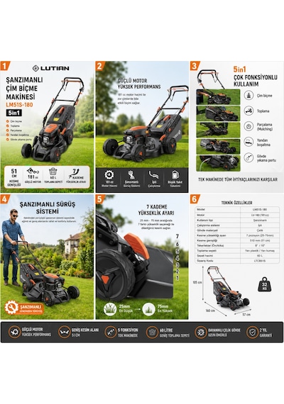 Lutian LM51S-180  51 CM 5in1 Şanzımanlı Benzinli Çim Biçme Makinesi