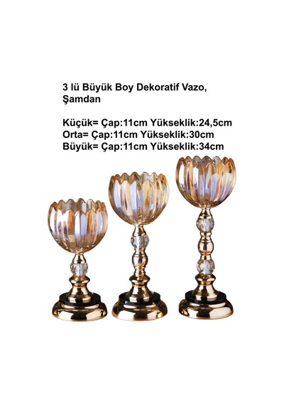 3 Lü Kristal Cam Şamdan, Vazo Gold Metal Ayak 4470