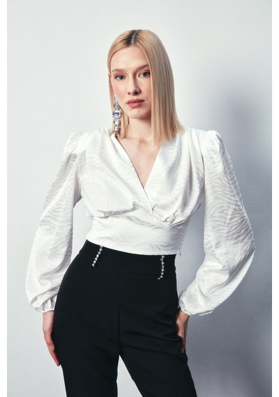 Sateen Desenli Kruvaze Saten Bluz - Ekru-134488 Ekru