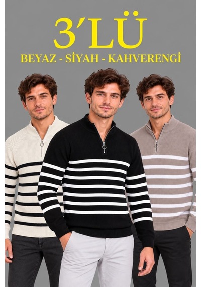 Erkek 3'lü Dik Yaka Yarım Fermuarlı Çizgili Selanik Örgü Triko Kazak - Beyaz & Siyah & Kahverengi
