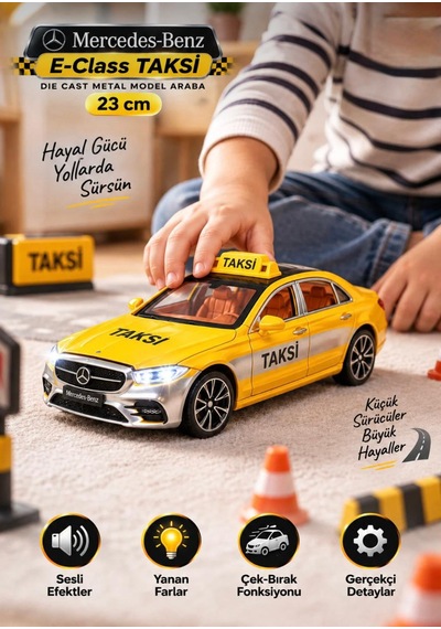 Oyuncak Taksi Mercedes Benz S680 V12 Maybach Sesli Işıklı Çek Bırak Açılabilir Kapılar Metal Kasa 23cm Sarı