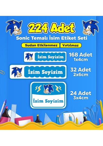 Okul Kreş Kişiye Özel İsim Etiket Seti Sonic Temalı - Model 20 Çok Renkli
