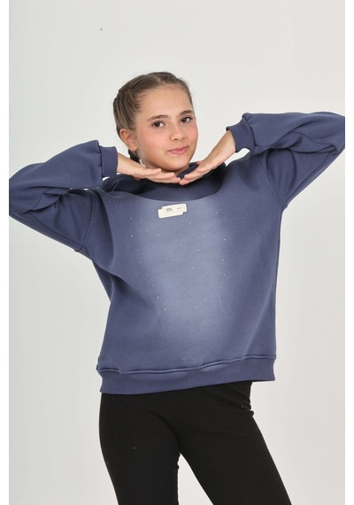 Toontoy Kız Çocuk Taş Dizaynlı Sweatshırt İndigo