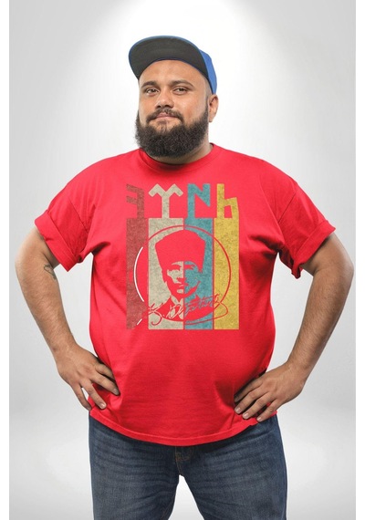 Angemiel Atatürk İmzalı Türk Logo Kırmızı Büyük Beden Erkek Kadın Unisex Basic Ön Baskılı Tişört Kırmızı