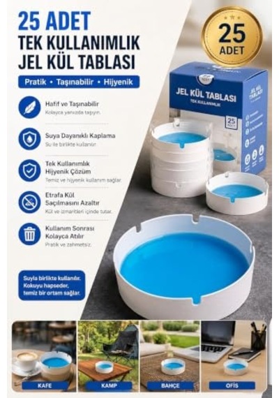 Külpro 25'li Tek Kullanımlık Jel Kül Tablası Kokusuz, Taşınabilir, Hijyenik Küllük Kamp, Kafe, Ofis, Araç Ve Dış Mekan