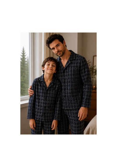 Free Beka Ekose Desenli Baba Oğul Uzun Kollu Gömlek Yaka Düğmeli Erkek Pijama Takımı Gri
