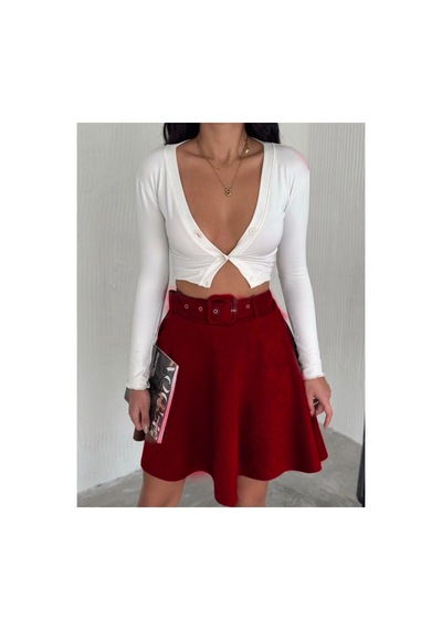 Winmoda34 Kadın Kemer Detaylı Süet Etek Kloş Model Bordo