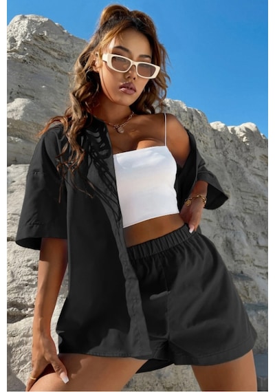 Cool Tarz Kadın Oversize Gömlek Şort Takım Yazlık 2 Li Kombin Rahat Kesim Siyah