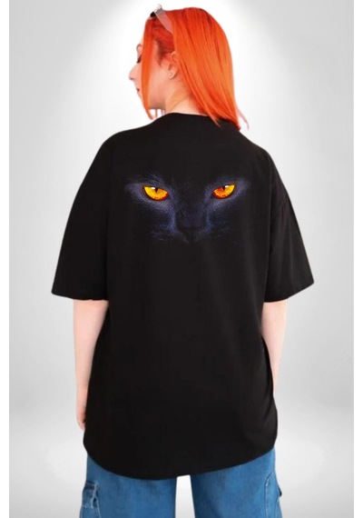 Siyah Kedi Gözler Ateş Pamuklu Unisex Oversize Sırt Dijital Baskılı Siyah T-shirt Siyah