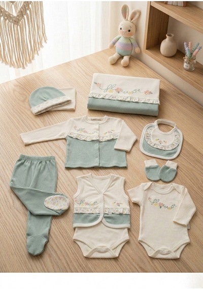 Nakışlı %100 Pamuk Unisex Bebek Hastane Çıkışı 10 Lu Set 0 1 Yaş Mavi