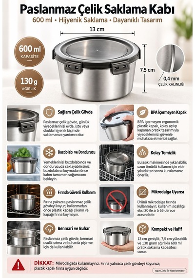304 Çelik 600 Ml Yuvarlak Yemek Meyve Et Buzdolabı Beslenme Saklama Kabı Mt324 Gri