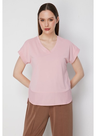 On Kadın V Yaka Parçalı T-shirt 71475 Pudra