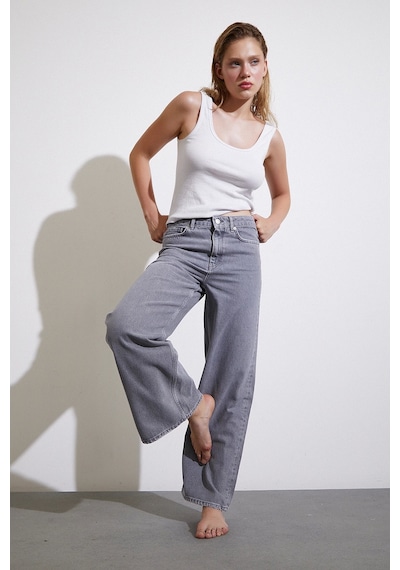 Never More Yüksek Bel Wide Leg Jean Füme