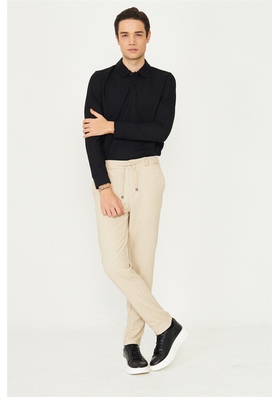 Bej Mikro Desenli Bağcıklı Modern Jogger Pantolon Bej