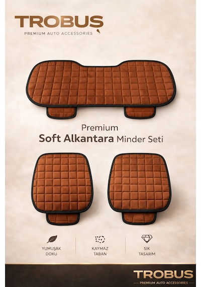 Ford Transit 2014-2020 Üniversal Soft Alkantra Kare Desen 3 Parça Oto Koltuk Minderi Taba