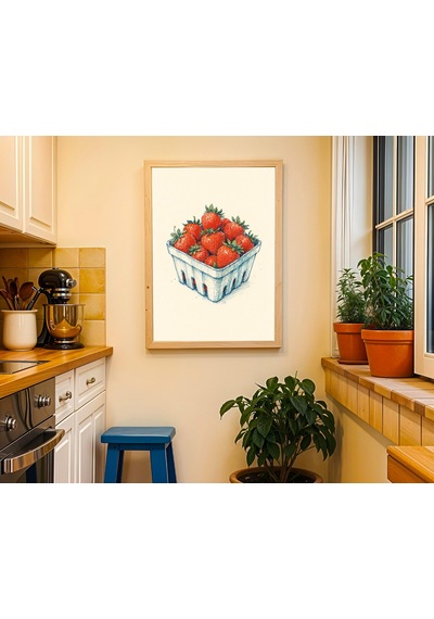 Çilek Sanat Baskısı Modern Çiftlik Evi Mutfak Dekorasyonu Yaz Meyve Sepeti İllüstrasyonu