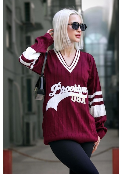 Madmext Bordo V Yaka Nakışlı Kadın Kazak Mg1279-bordo Bordo