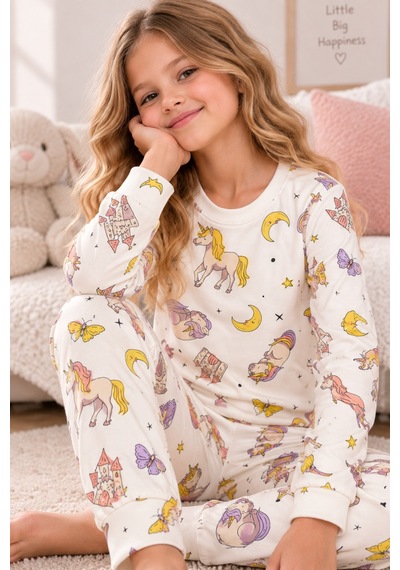 Free Beka Desenli Bisiklet Yaka %100 Pamuklu İnterlok Kumaş Kız Çocuk Uzun Kollu Pijama Takımı Ekru Free Beka Desenli Bisiklet Yaka %100 Pamuklu İnterlok Kumaş Kız Çocuk Uzun Kollu Pijama Takımı Ekru