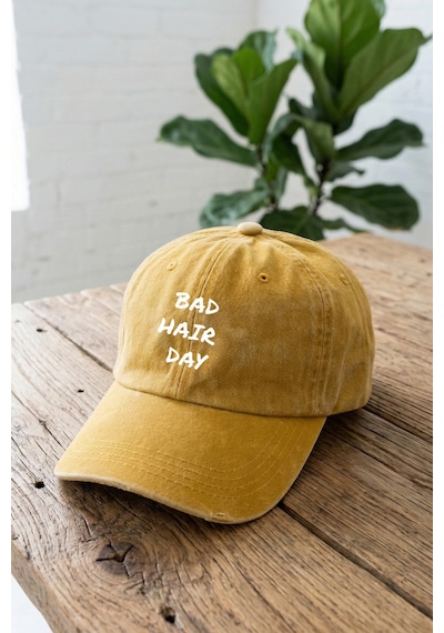 Emybox Bad Hair Day Yazılı Yıkamalı Unisex Şapka - Eskitme Metal Tokalı Ayarlanabilir Baskılı Beyzbol Şapka Hardal