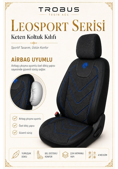 Renault Fluence 2010 Sonrası Uyumlu Leosport Serisi Siyah Mavi Ortopedik Keten Koltuk Kılıfı