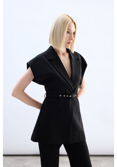 Sateen Kemerli Uzun Yelek - Siyah-136850 Siyah