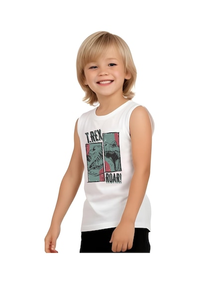 Fyk Kids Erkek Çocuk Baskılı Sıfır Kol Trex Roar Alt-üst Takım Beyaz