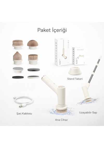Elektrikli Temizlik Fırçası Şarjlı Mop Seti 7 Başlıklı Teleskopik Saplı Çok Amaçlı Temizleyici