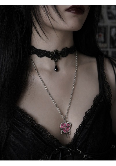 Gotik Pembe Kalp Kolye Zincir Detaylı Unisex Metal Kolye Çok renkli