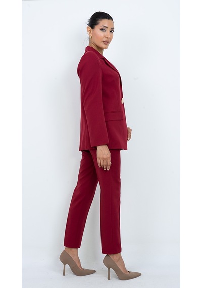 Dorne Moda Kadın Gold Düğmeli Şık Blazer Ceket Pantolon İkili Takım - Düğün - Ofis Şıklığı - Özel Gün Takım Elbise Bordo
