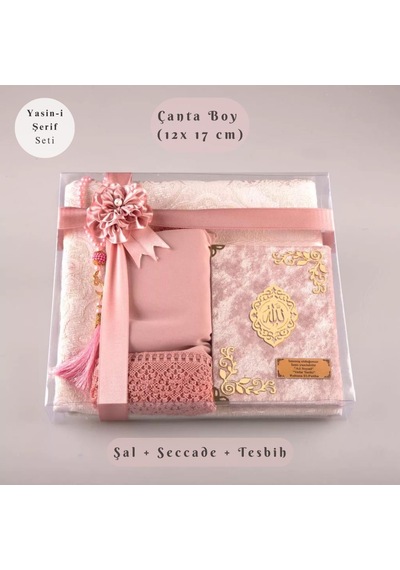 Şal + Seccade + Tesbih + Yasin Hediye Seti Çanta Boy, Şems Lafzatullah, Raşel Cilt, Bebe Pembe