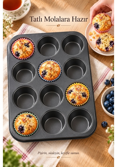 Tilbe Home 2li Muffin Kek Kalıbı Cupcake Yanmaz Yapışmaz Kurabiye Kalıbı Fırın Çörek Browni Kapsül Tepsisi Siyah