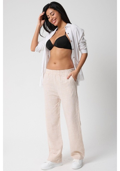 Kadın Beli Lastikli Cepli Keten Pantolon-3 Bej