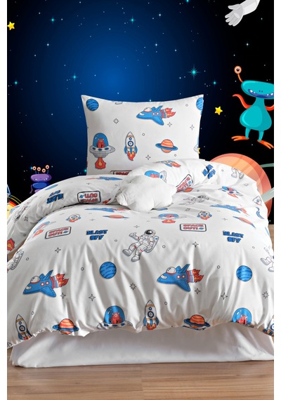 Eponj Home Tek Kişilik Pamuklu Nevresim Takımı 3 Parça Space Desen Beyaz / Yumuşak Dokulu Beyaz