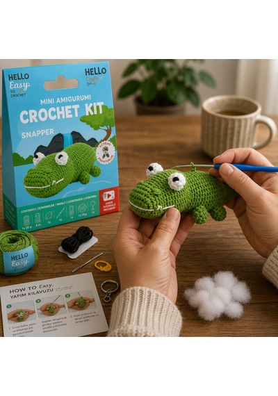 Bakgelal Mini Amigurumi Timsah Yapım Kiti, Anahtarlık Dıy Hobi Seti, Video Anlatımlı