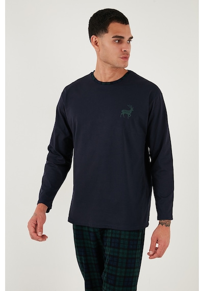 Buratti Pamuklu Regular Fit Bisiklet Yaka Ekoseli Erkek Pijama Takımı 6574001 Lacivert