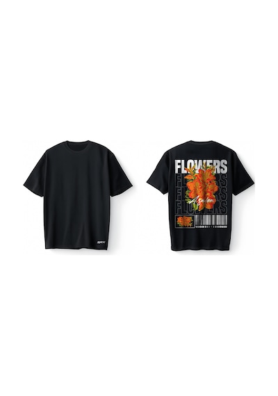 Bumeta Flowers Typography Çiçek Baskılı Oversize Unisex Tişört T-shirt Siyah