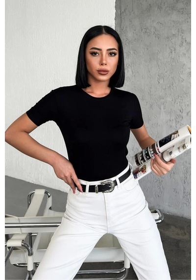 Lisinya Rahat Ve Şık Kısa Kollu Bisiklet Yaka Likralı Viskon Penye Body Siyah Çok Renkli