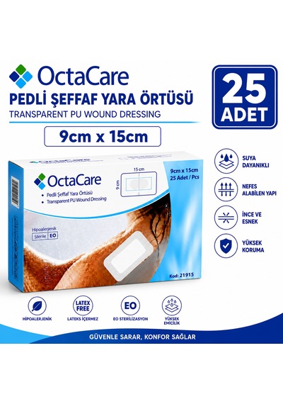Octacare Su Geçirmez Pedli Şeffaf Pu Film Steril Yara Örtüsü 9cm 15cm 25 Adet