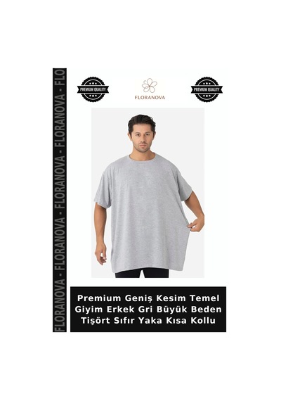 Floranova Premium Geniş Kesim Temel Giyim Erkek Gri Büyük Beden Tişört Sıfır Yaka Kısa Kollu