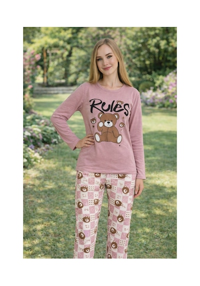 Rindahomewear Kadın Rules Ayıcık Baskılı Süprem Uzun Kol Pijama Takımı Murdum1