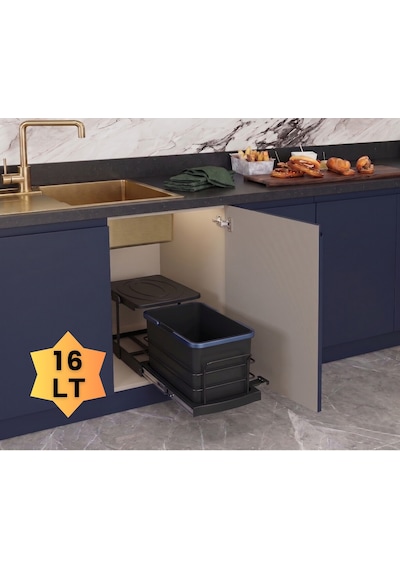Cassone 16 Litre Kısa Eviye Altı Dolaba Uygun Dolap İçi Raylı Antrasit Çöp Kovası - Kapak Genişliği 40 Cm