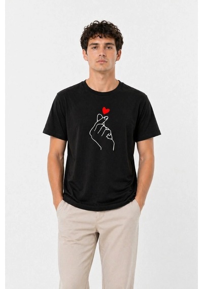 Barlashive Erkek Kore Parmak Kalp Aşk Temalı Minimal Baskılı Tişört Yazlık Kısa Kol T-shirt - Siyah Çok Renkli