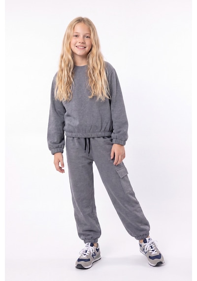 Panios Kids 3 İplik Kız Çocuk Düz Kısa Bel Sweatshirt Bisiklet Yaka 2'li Eşofman Takımı Füme - Lacivert
